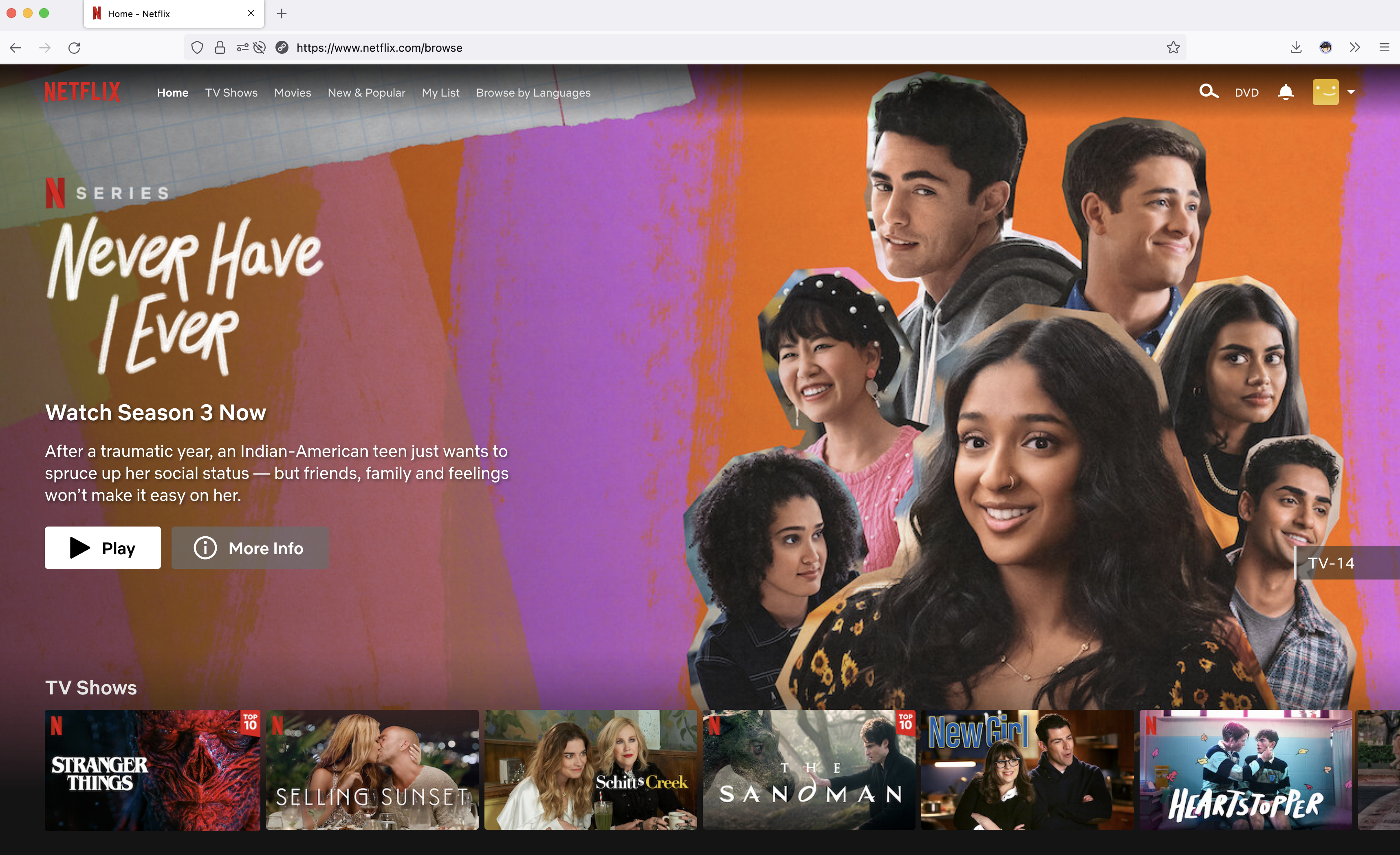 A screenshot of the Netflix home page showing the menu, a banner ad for the show "Never Have I Ever" and a list of recommended TV shows