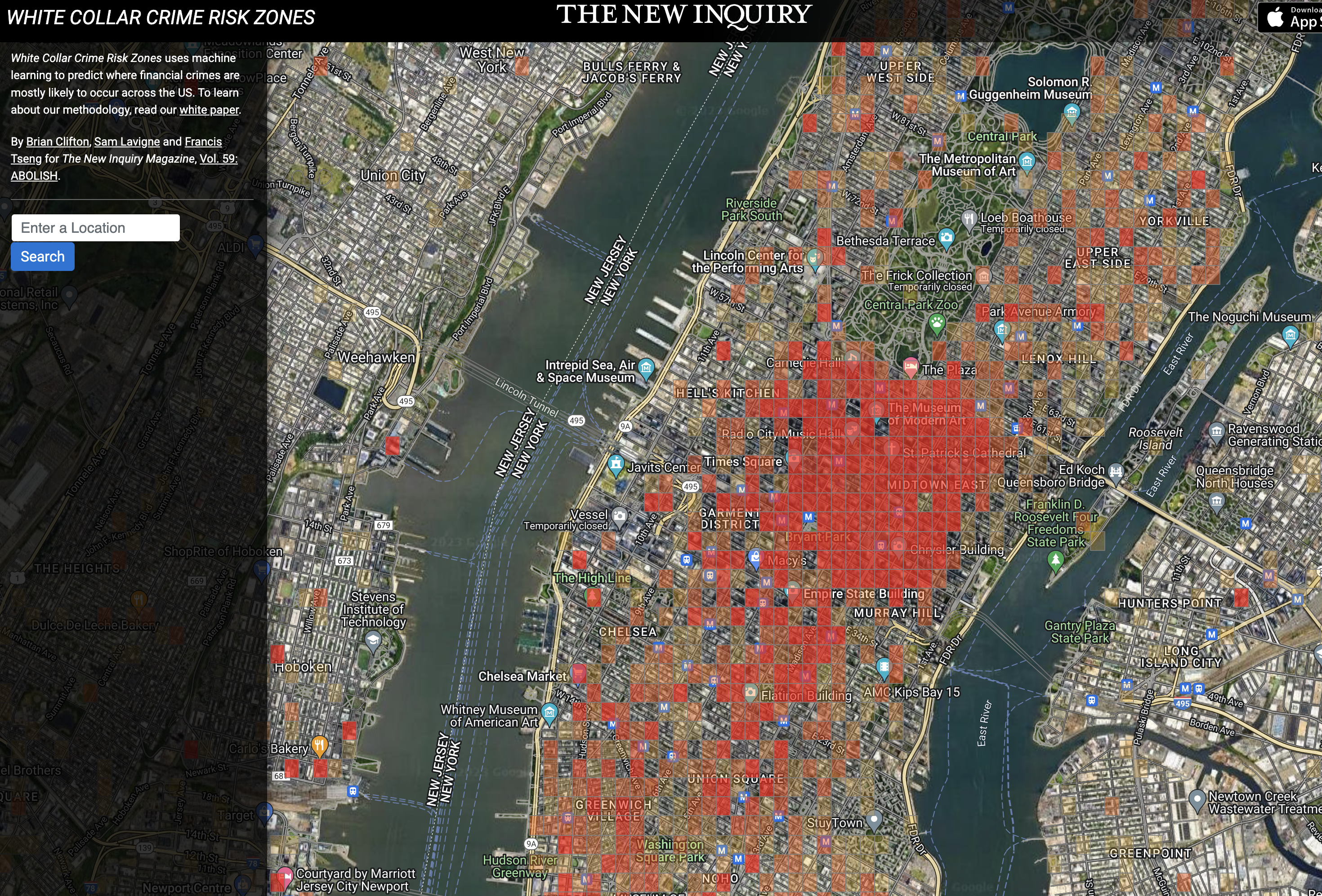A map showing a heat map of white collar crime in NYC